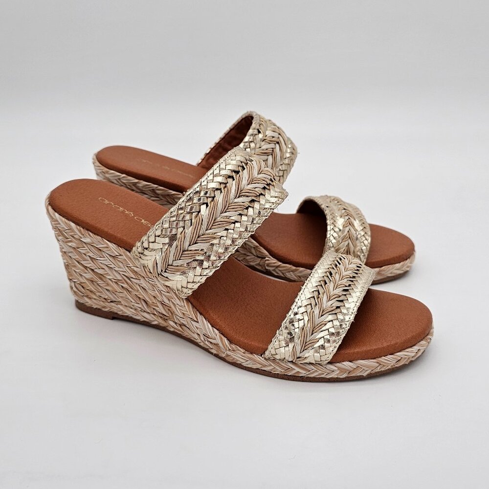 André Assous Gold Braided Wedge Sandals – shoes